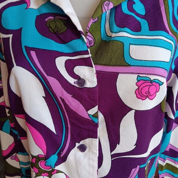 Large Vintage 70s Psychedelic Print Blouse Abstract Floral Groovy Granny Hippie - Picture 3 of 9
